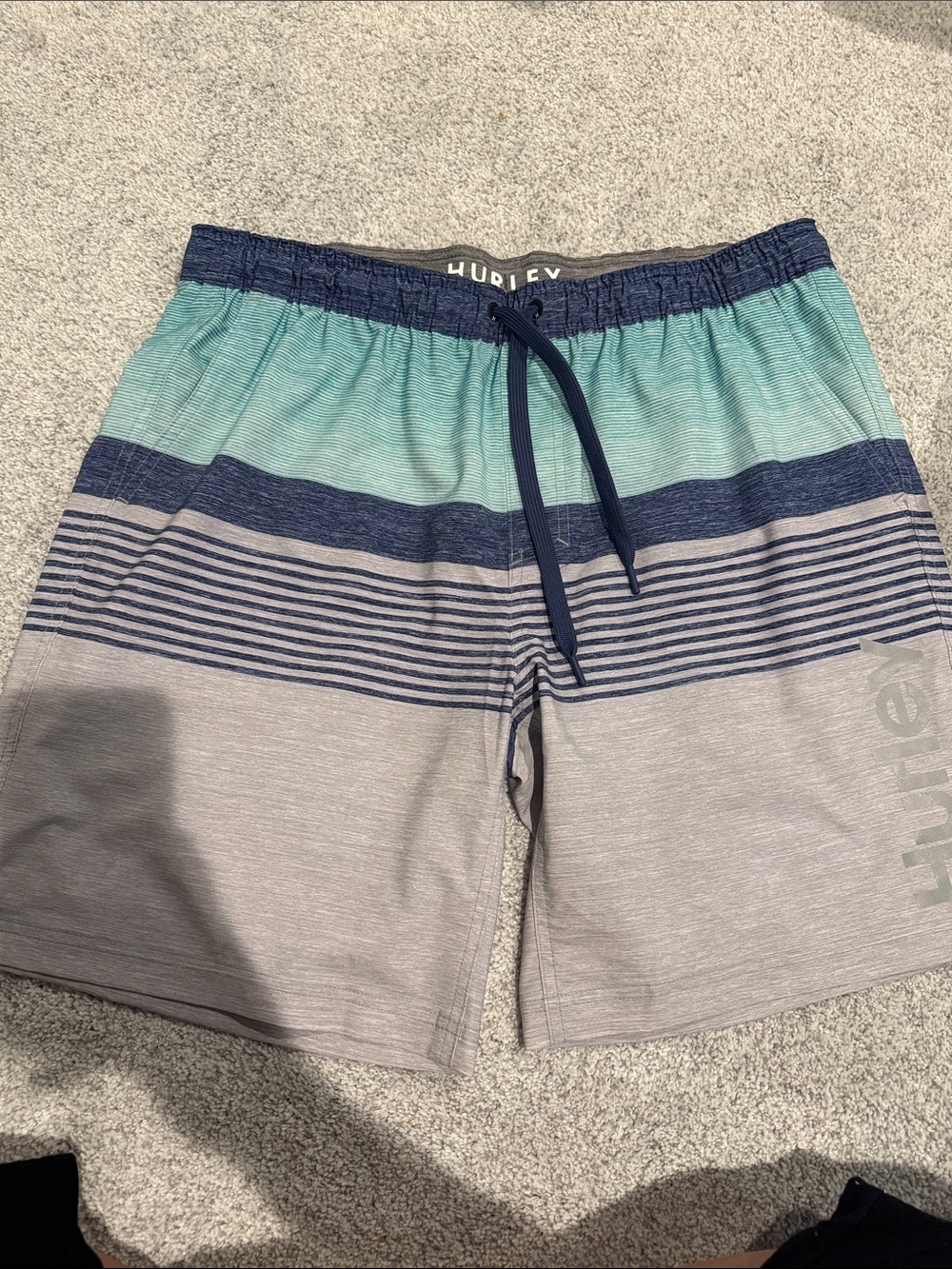 Hurley Men’s Navy, Teal & Gray Stripe Swim Shorts